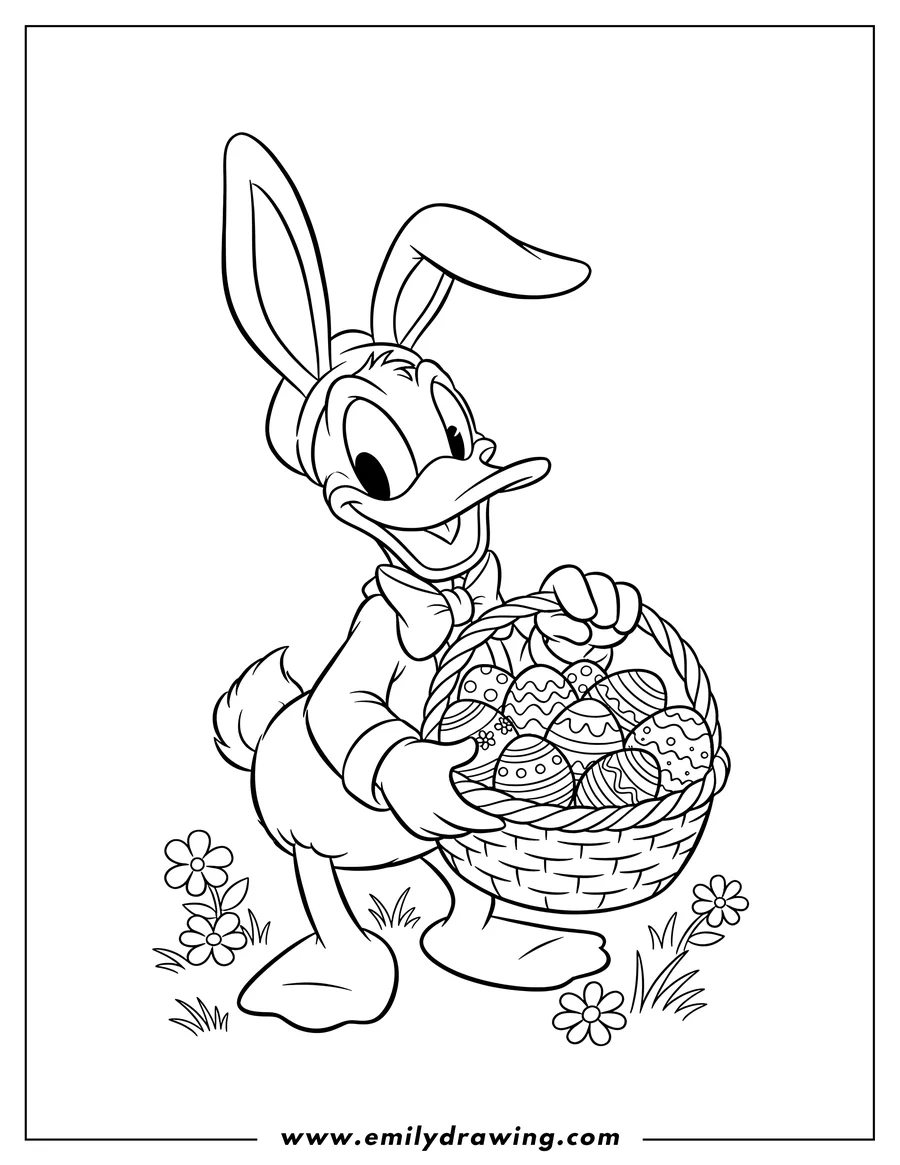 Outline drawing of donald Duck as Easter Bunny with long ears, holding a basket of decorated Easter eggs
