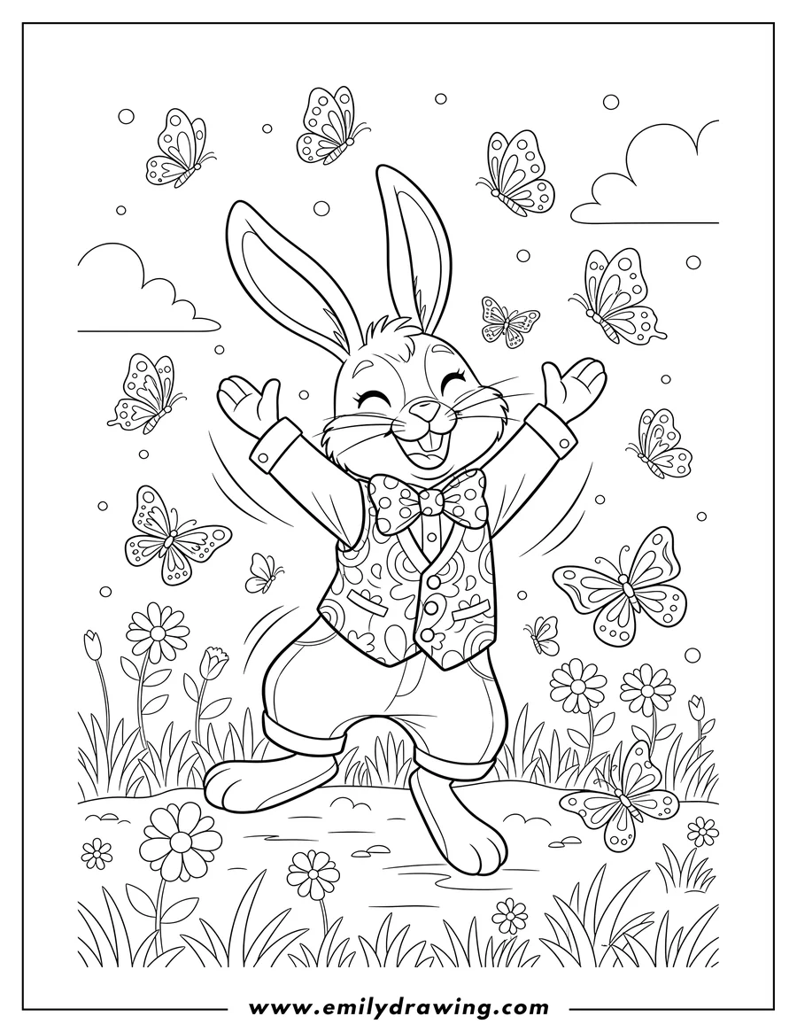 Printable line art of easter Bunny with a bow tie, arms raised, joyfully dancing among butterflies in a meadow
