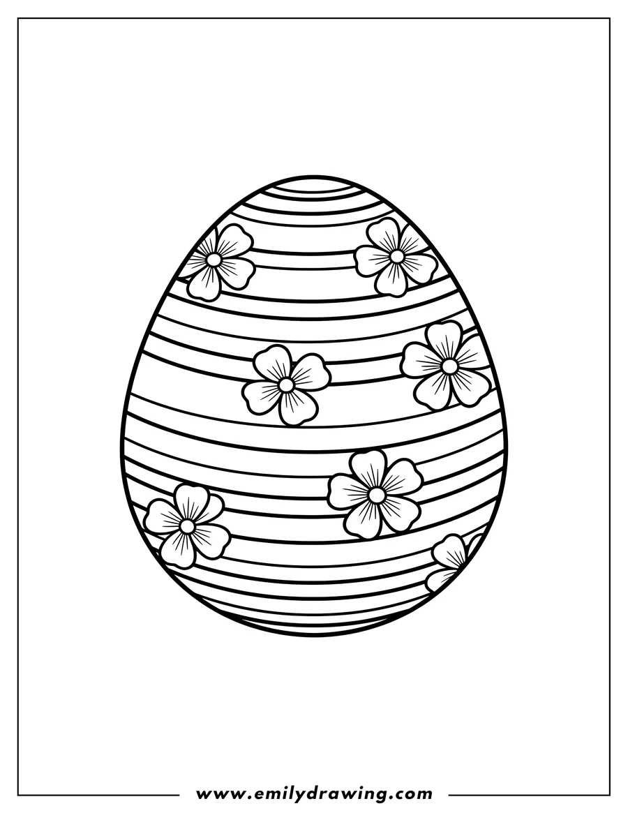 Black and white line art of easter Egg With Horizontal Stripes and 4-Petal Flowers