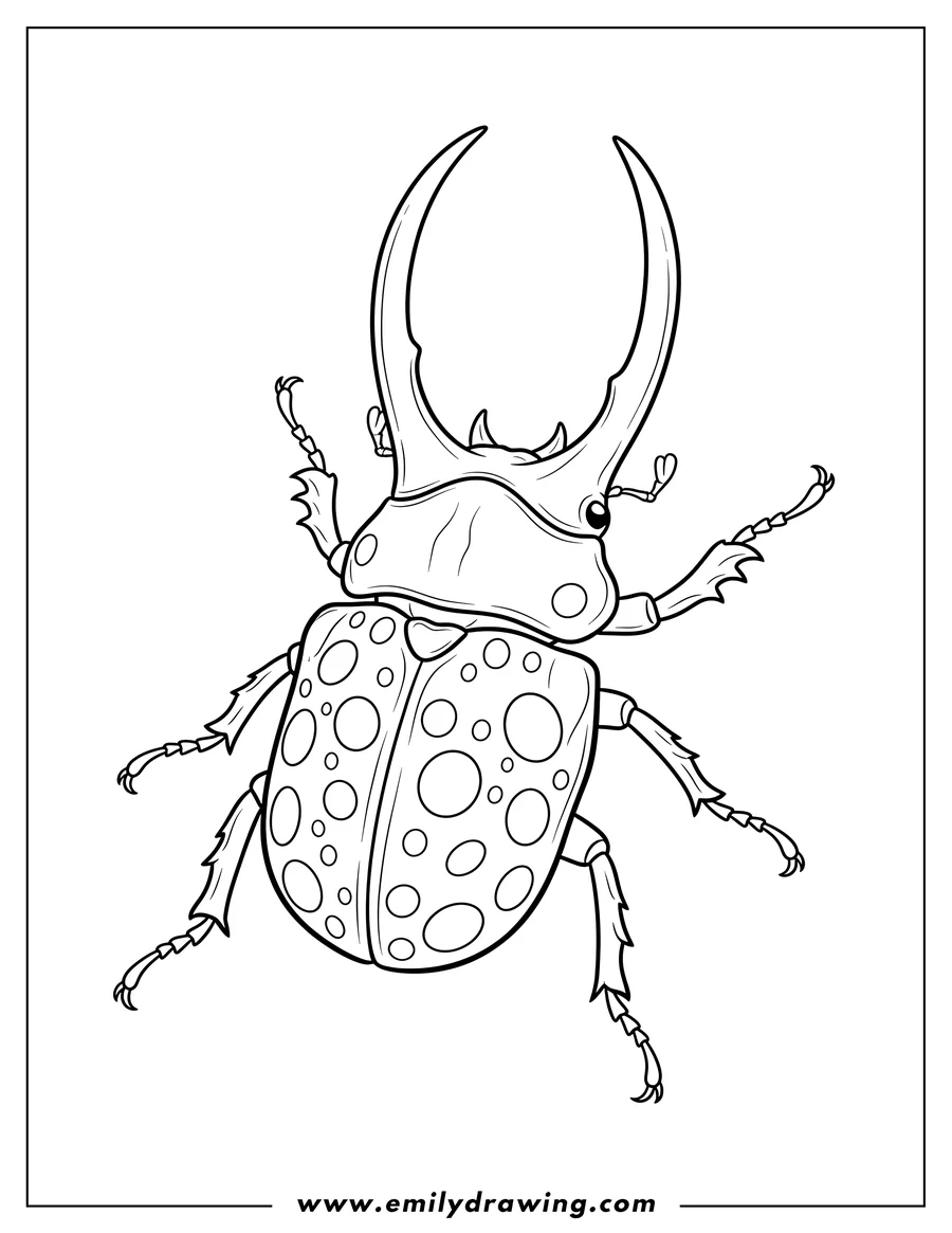 Coloring page for kids: eastern Hercules Beetle with long horns and spotted back