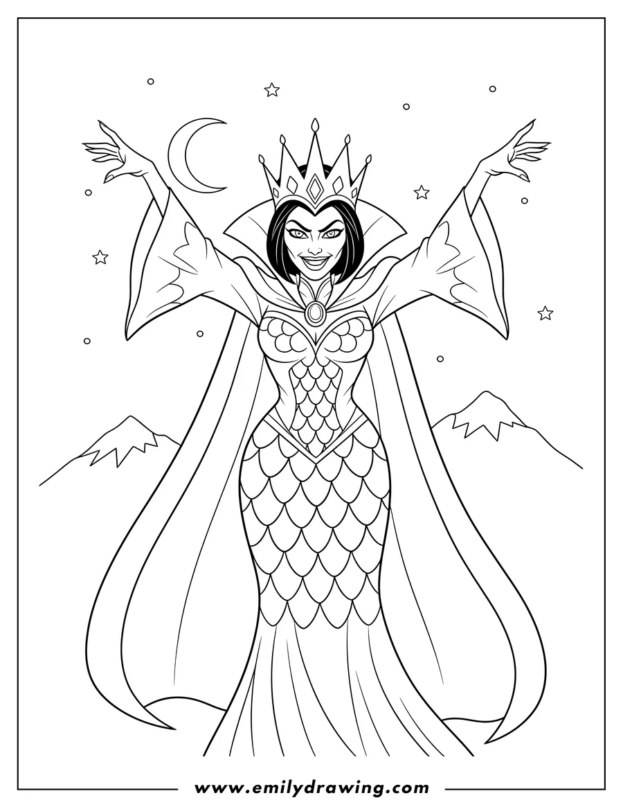 Downloadable coloring page of evil Queen Scaled, with dramatically raised arms, wearing a crown and a long cape