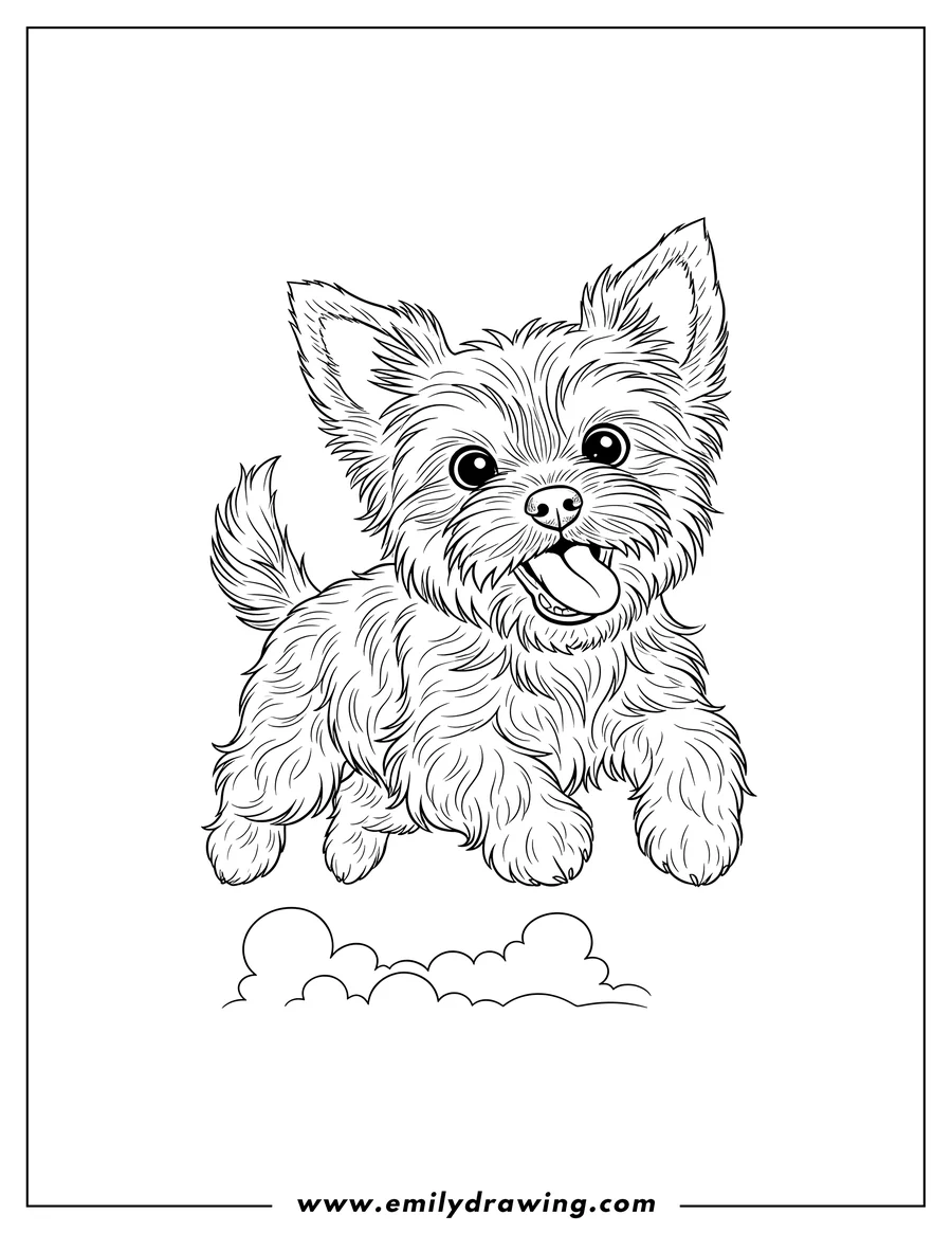 Free printable coloring sheet of excited Yorkie Leaping with tongue out and wide eyes