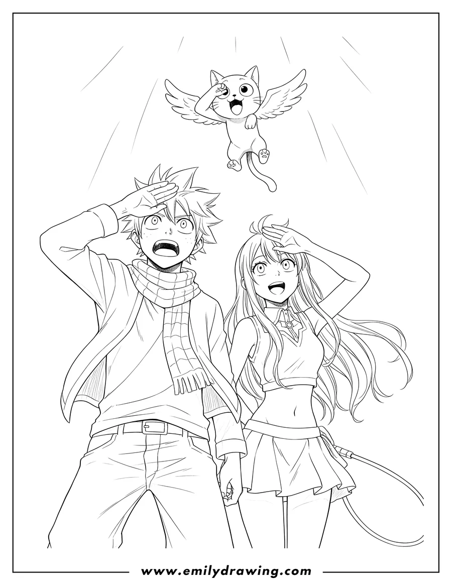 Coloring page of fairy Tail Natsu, Lucy, and Happy looking up and shielding their eyes, with Happy flying