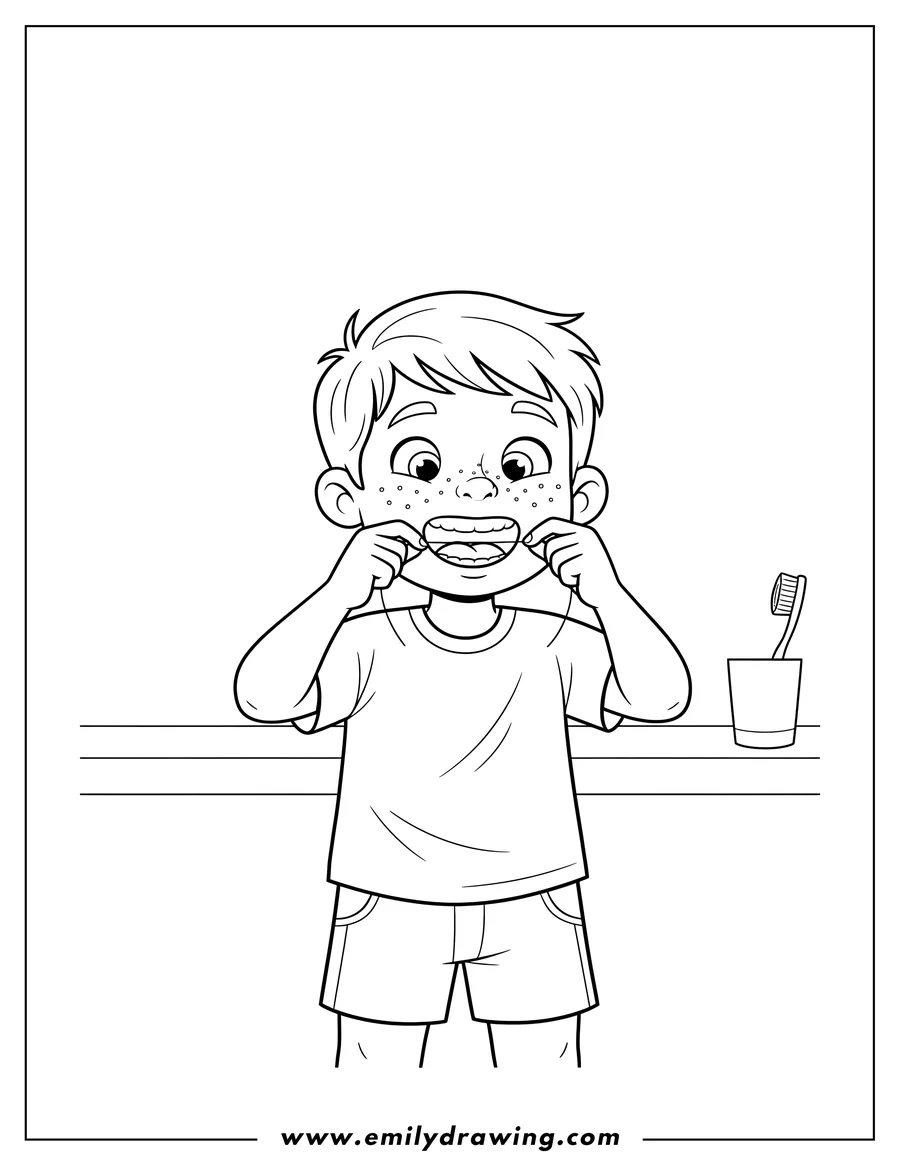 Outline drawing of freckled Little Boy Flossing with an open mouth and both hands