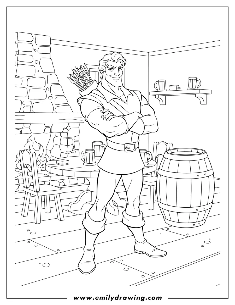 Vector style outline of gaston in a tavern, standing with arms crossed, with a quiver of arrows