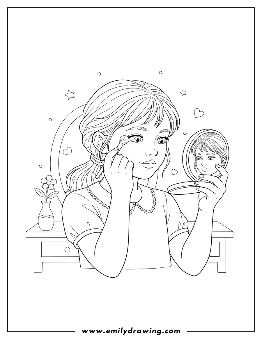Free to print drawing of girl applying eyeshadow, holding a compact mirror and looking into it