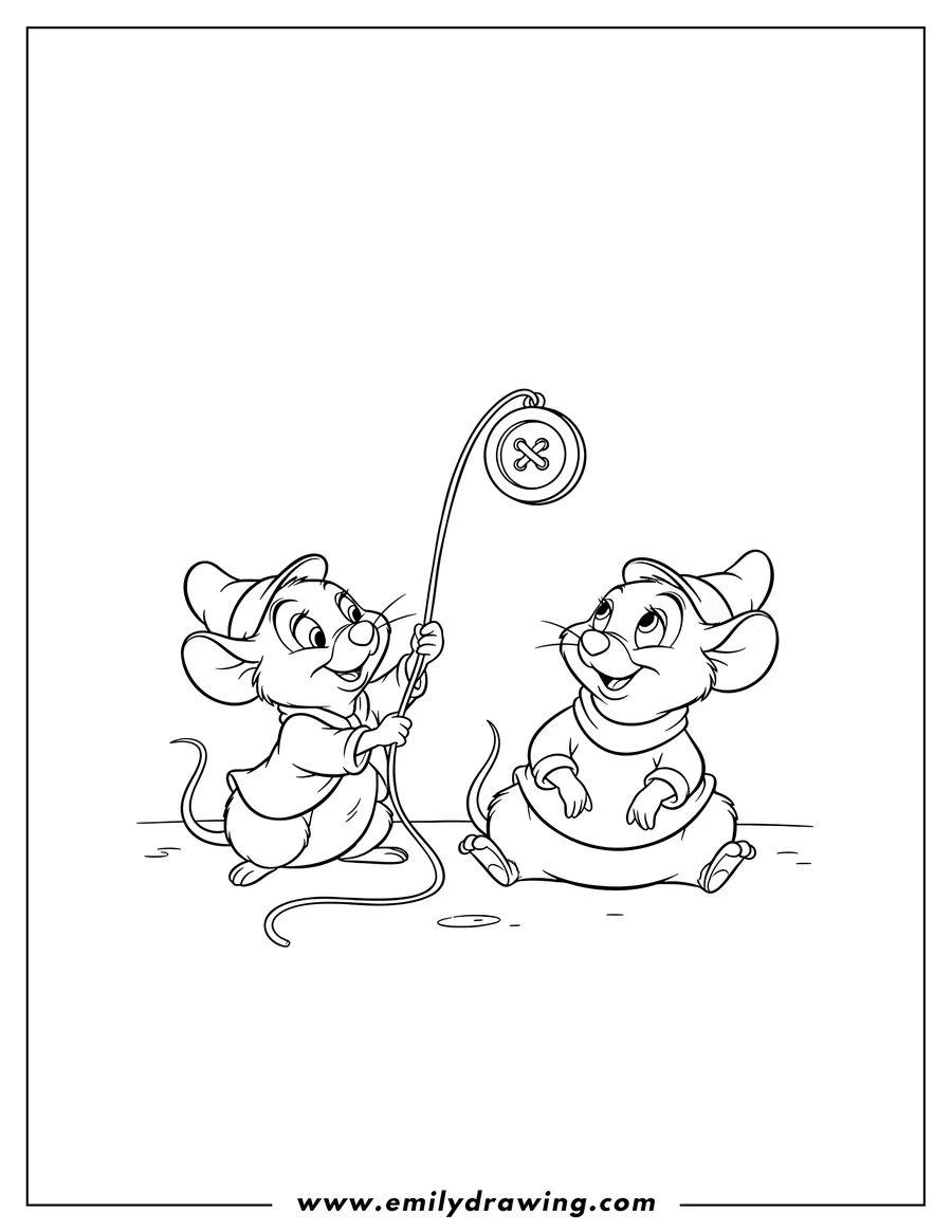 Black and white line art of gus and Jaq mice, Jaq holding a string with a button, Gus sitting