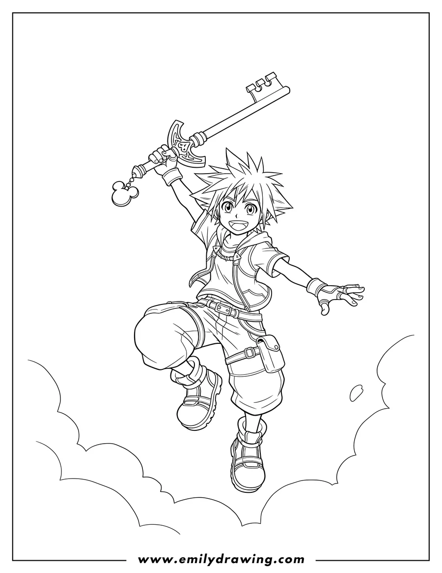 Outline drawing of happy Sora holding his Keyblade over his shoulder in a dynamic, jumping pose