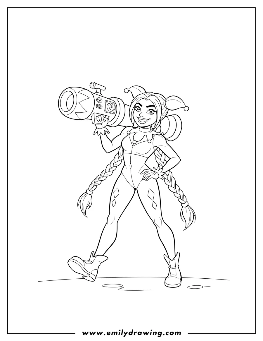 Free to print drawing of harley Quinn holding a bazooka, with braided pigtails, standing and smiling