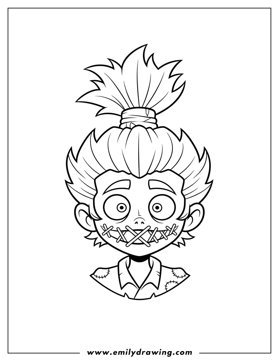 PDF style coloring page: harry Hunter Head with spiky tied-up hair and stitched mouth
