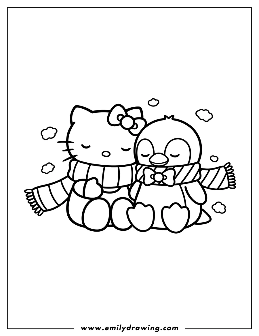Full page coloring image of hello Kitty and Tuxedo Sam sitting, snuggling, and wearing scarves, sleeping next to one another