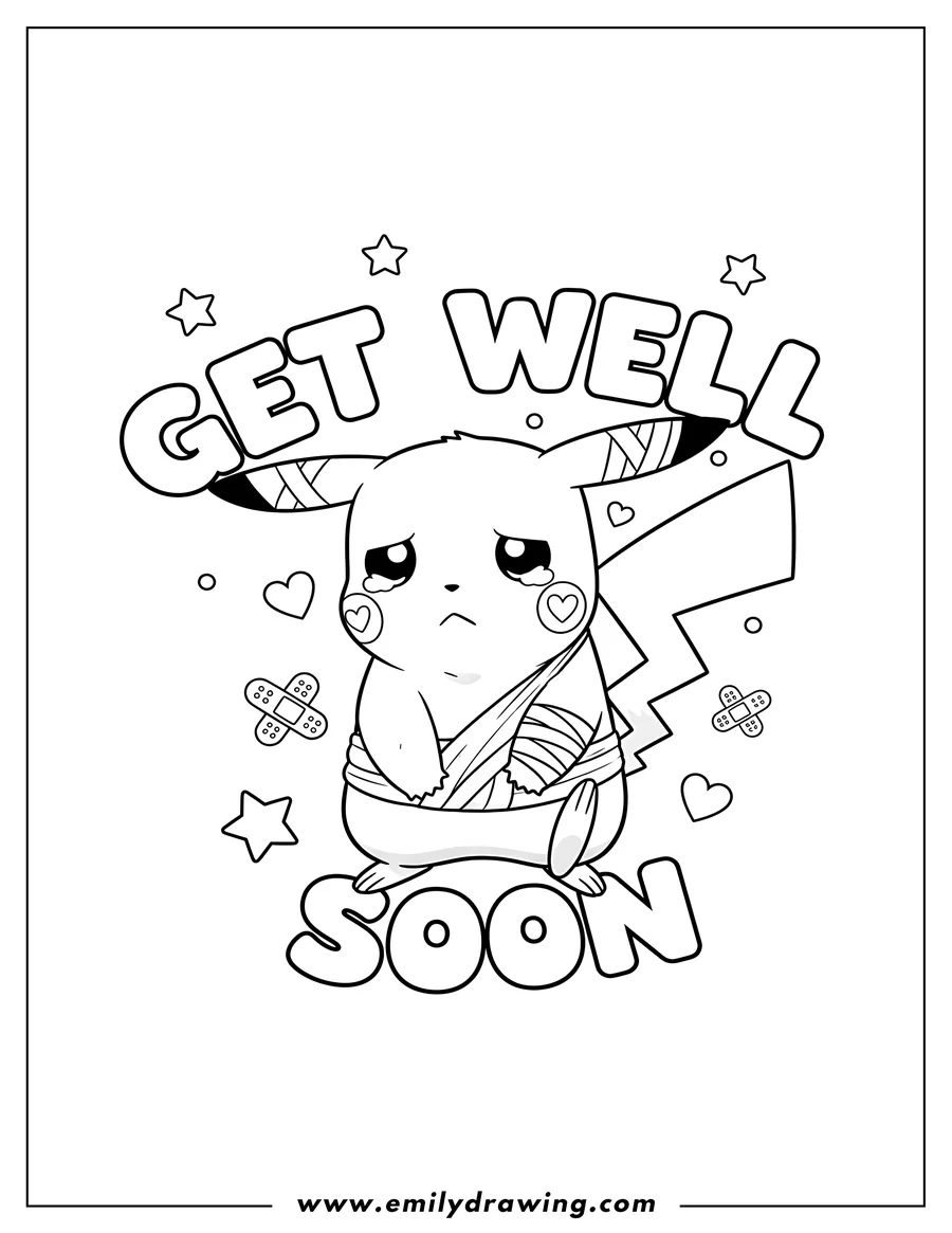 Outline drawing of injured Pikachu with bandages and a sad expression, with 'Get Well Soon' words, for preschoolers
