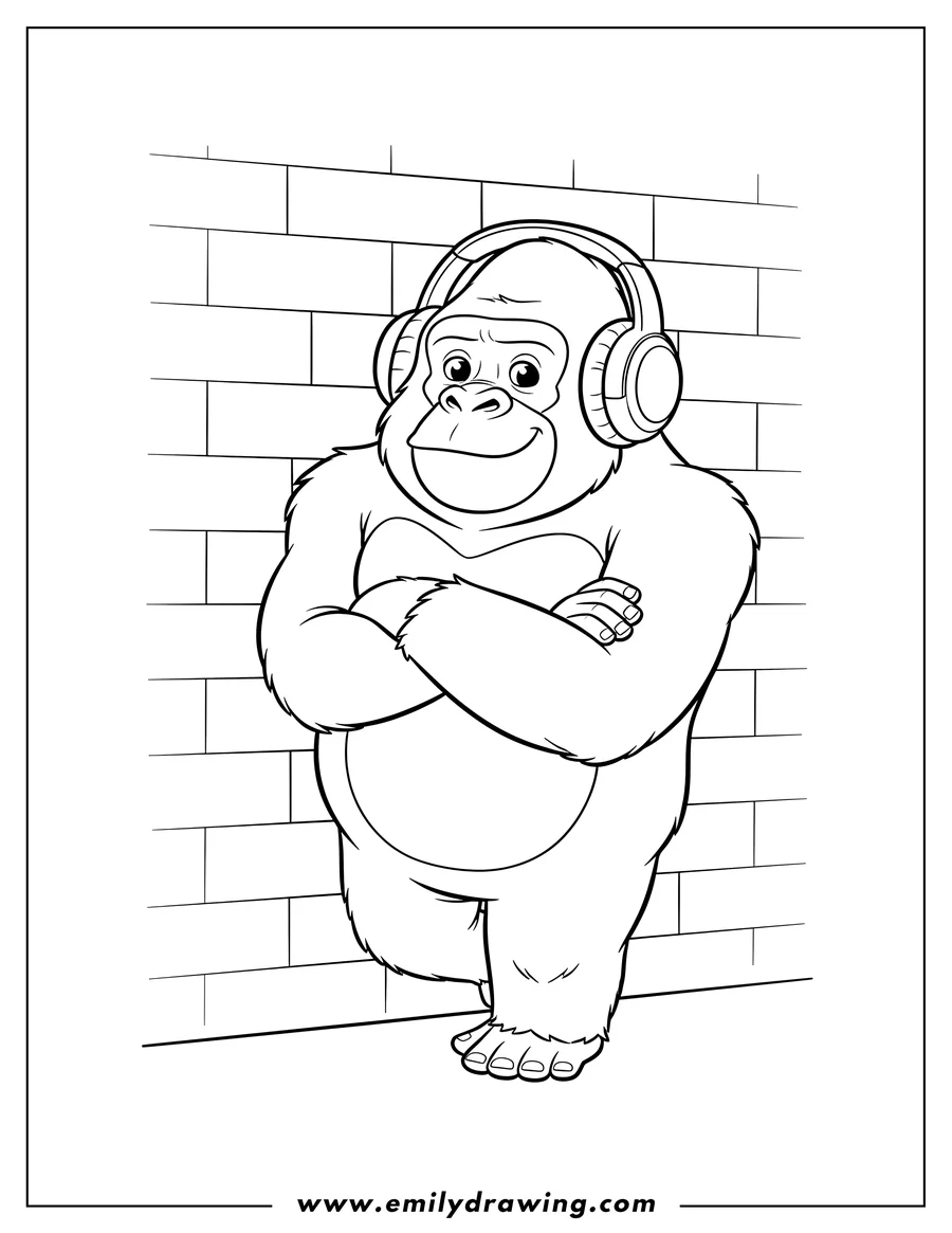 Black and white line art of johnny the gorilla with earphones on, leaning against a wall