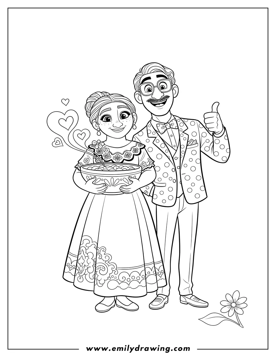 Vector style outline of julieta holding a bowl and Agustin giving a thumbs-up