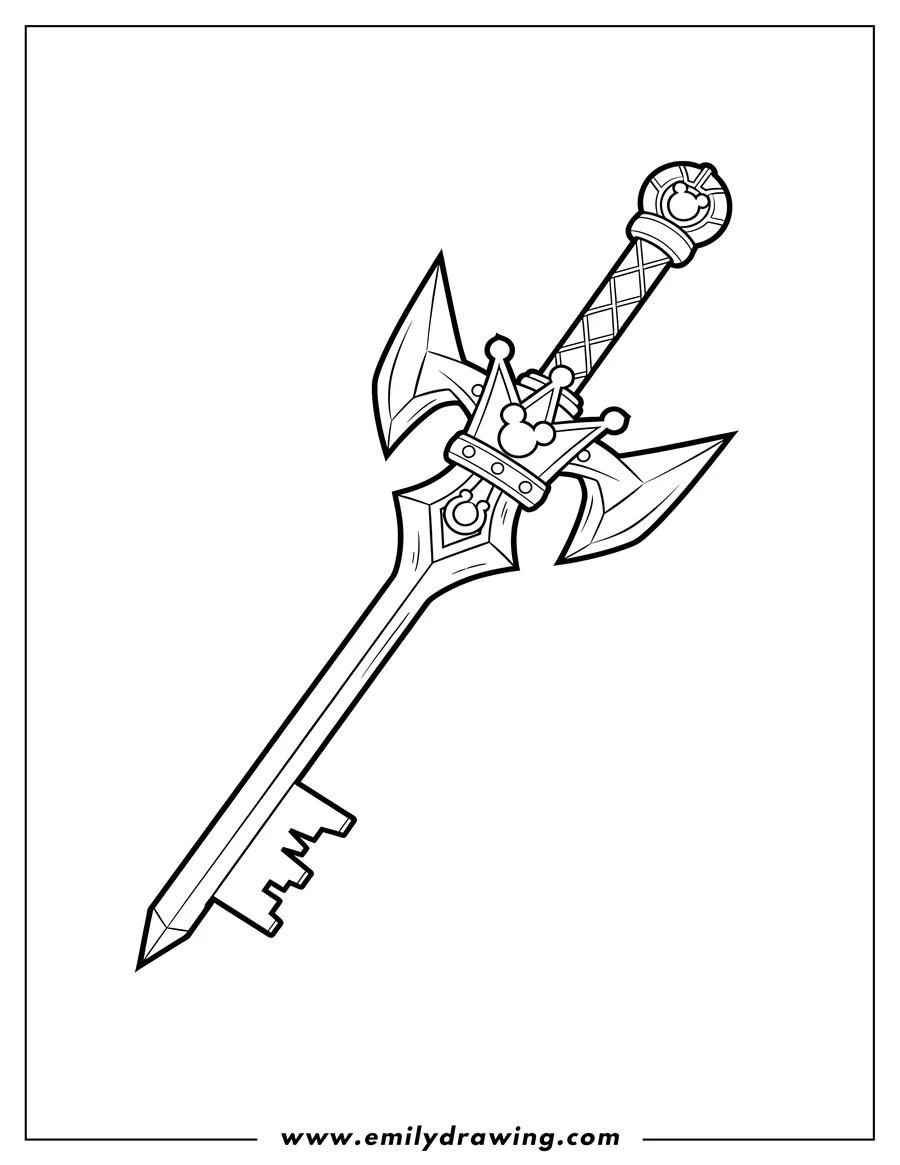Clean line drawing: kingdom Hearts Keyblade, Kingdom Key outline for coloring