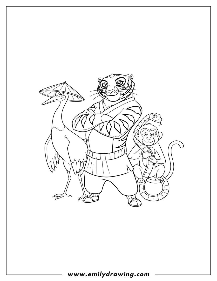 Downloadable coloring page of kung Fu Panda characters: Tigress with arms crossed, Crane with a hat, Monkey, and Viper