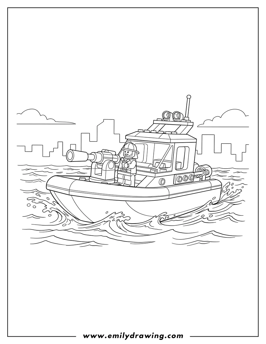 Clean line drawing: LEGO City Fire Rescue Boat with minifigure operating a water cannon