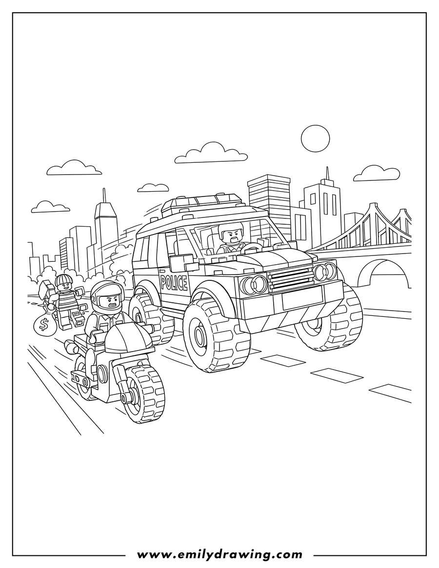 Coloring sheet featuring lego City Police Chase with officers on a motorcycle and an SUV