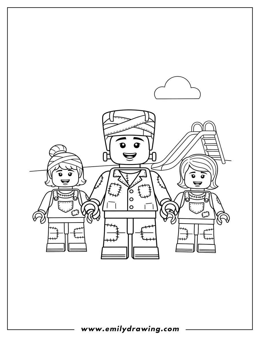 High quality printable lego Frankenstein Preschoolers, standing, with head bandages, neck stitches, and a patched jacket for coloring