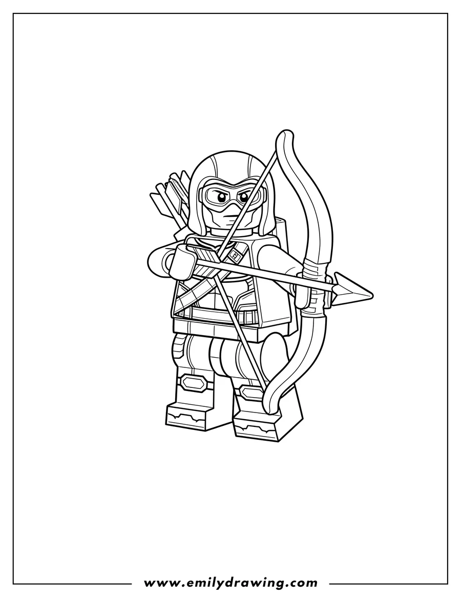 Coloring sheet featuring lego Hawkeye holding a bow and wearing goggles