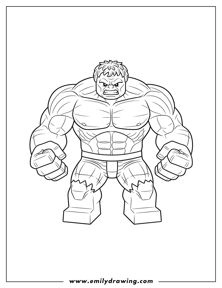 Full page coloring image of lego Hulk Scaled, angry and standing in a powerful pose with fisted hands