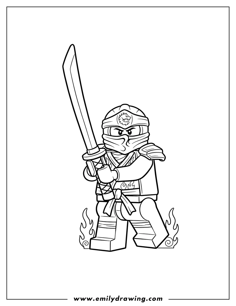 Printable coloring page of lego Kai Red Fire Ninja holding a sword
