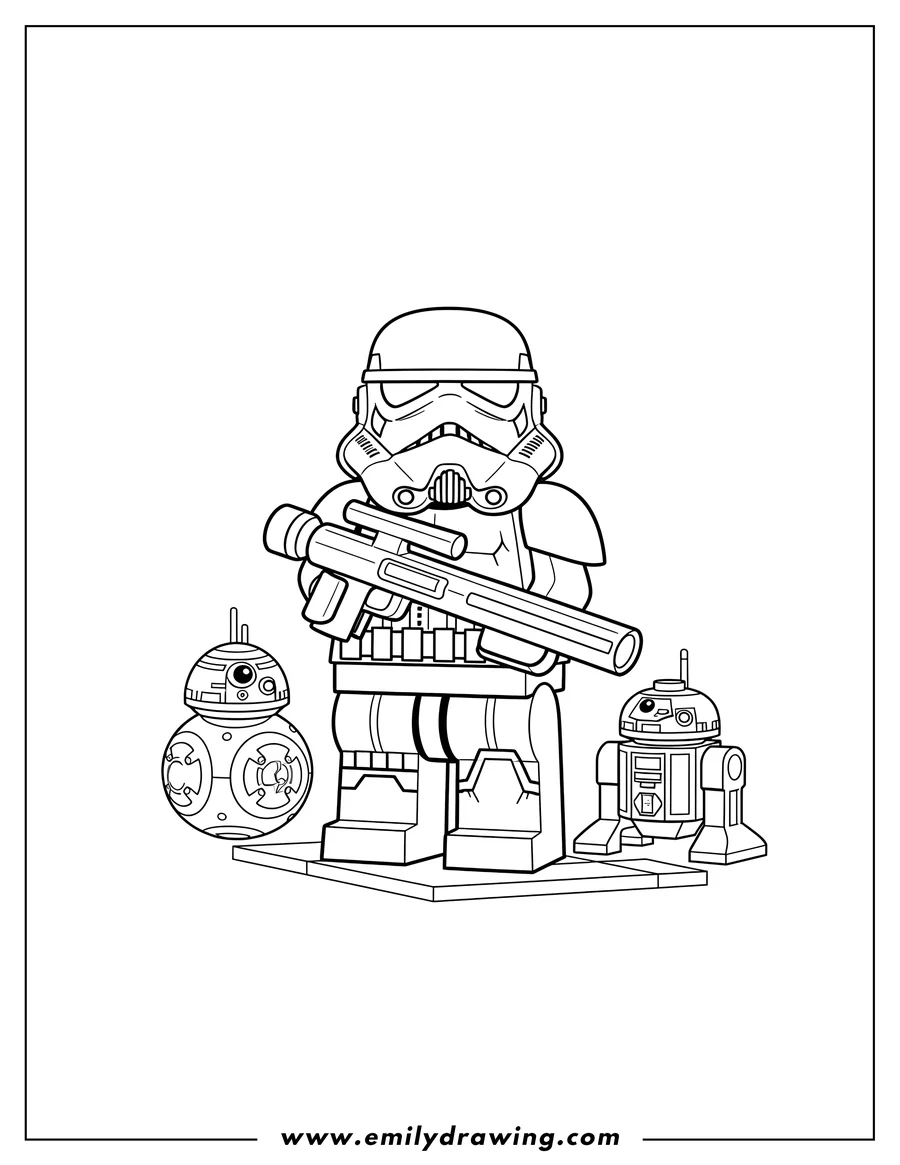 Black and white line art of lego Star Wars Stormtrooper holding a blaster, with two small droids