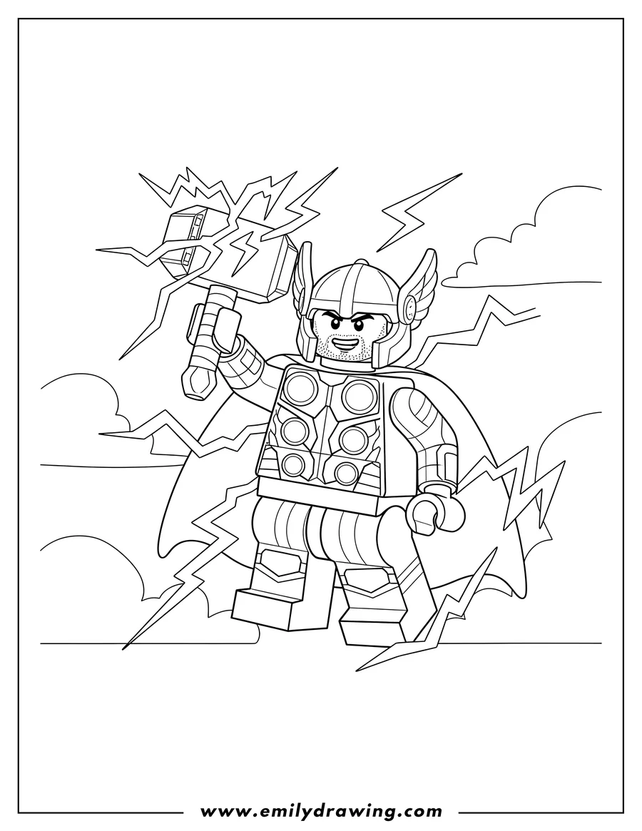 Coloring sheet featuring lego Thor holding Mjolnir and wielding lightning