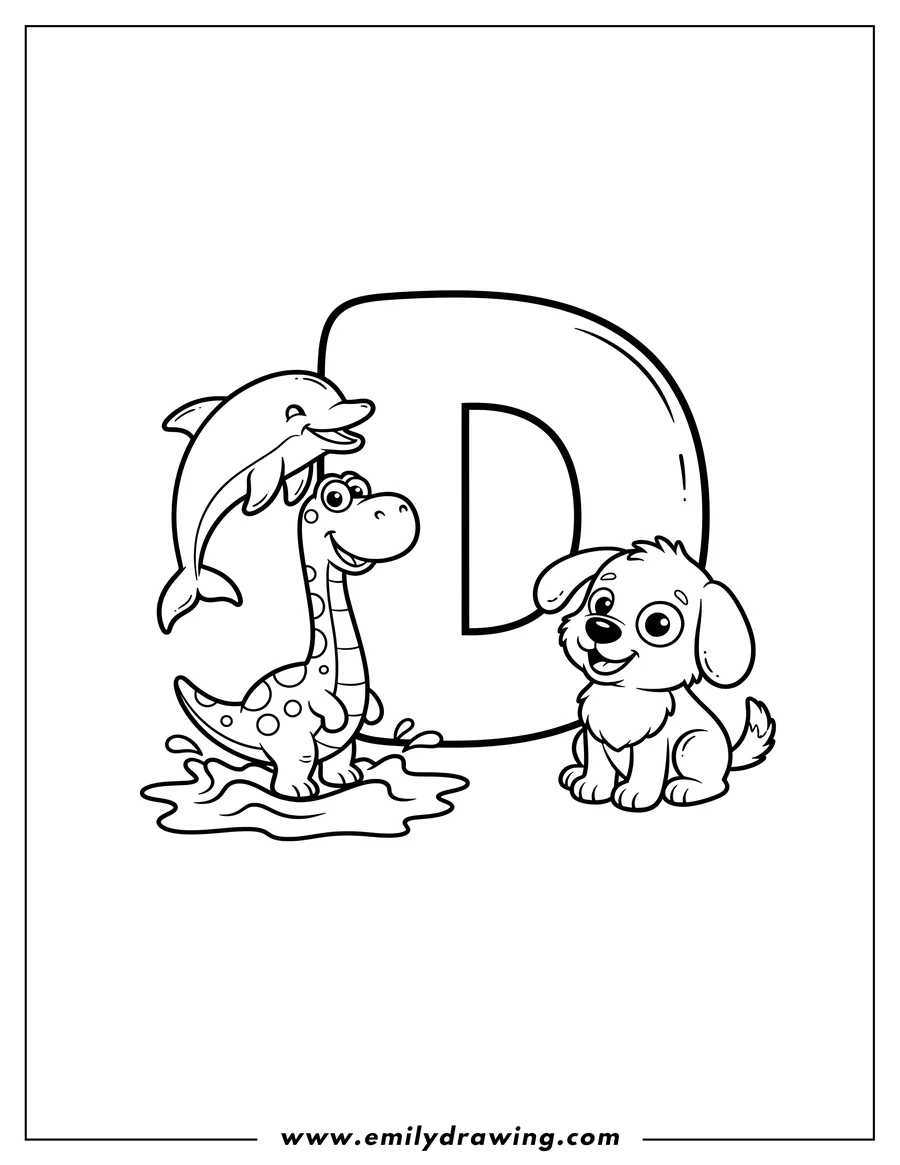 Simple sketch of letter D With Objects That Start With a dolphin, dinosaur, and dog to color
