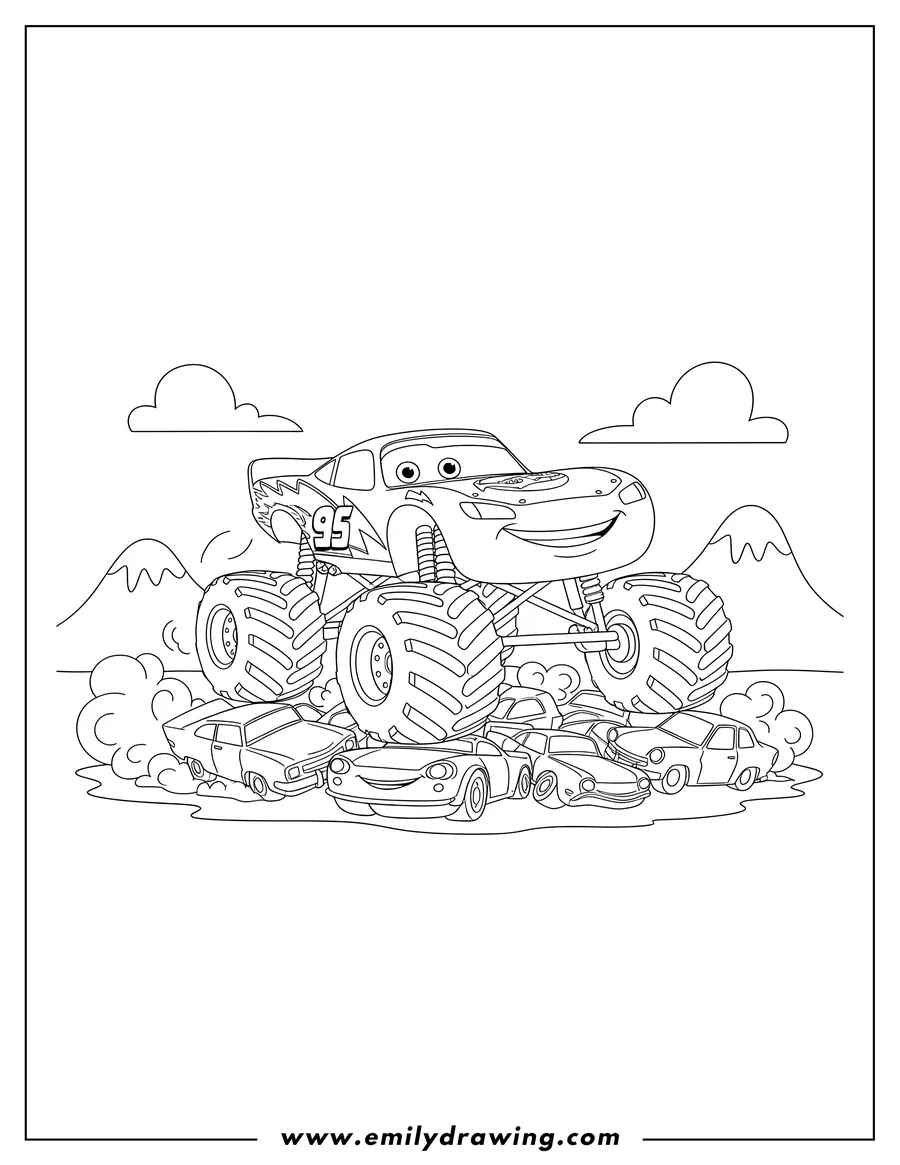 Simple sketch of lightning McQueen monster truck driving to color