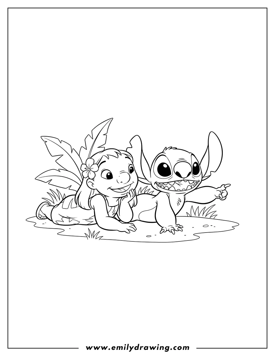 Free printable coloring sheet of lilo and Stitch lying down, Stitch pointing