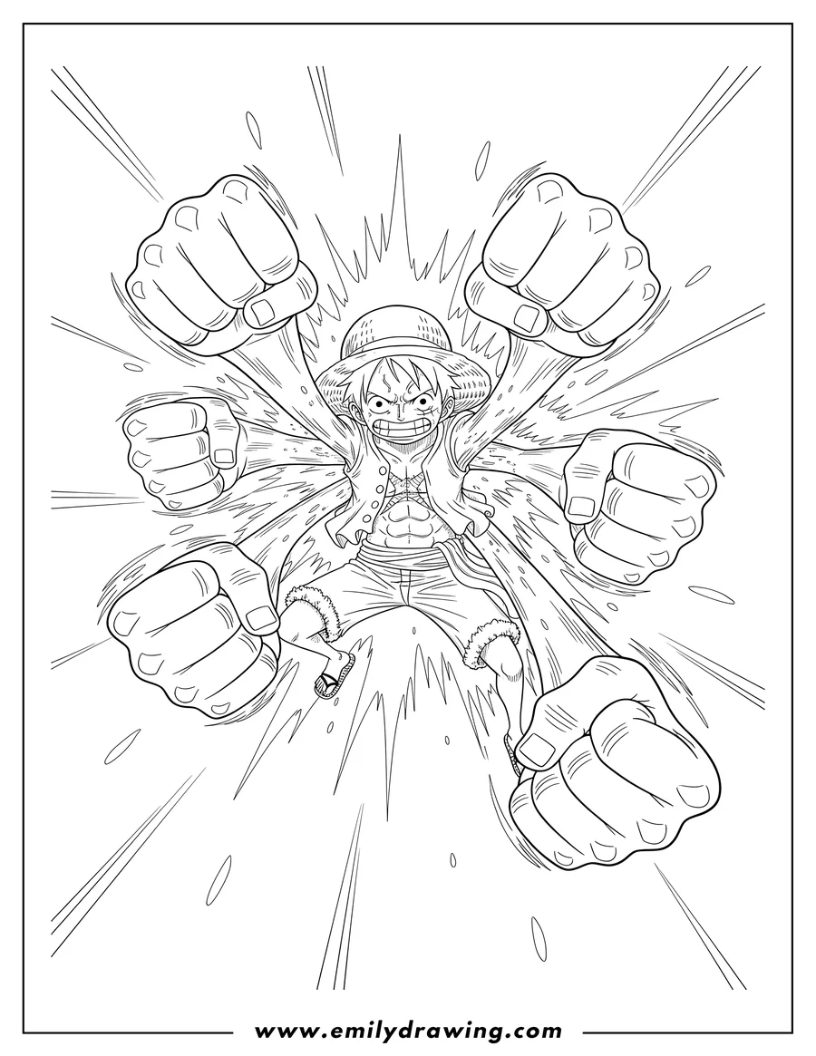 Coloring sheet featuring luffy doing a Gatling Punch attack with many fists, a determined expression, and bursting impact