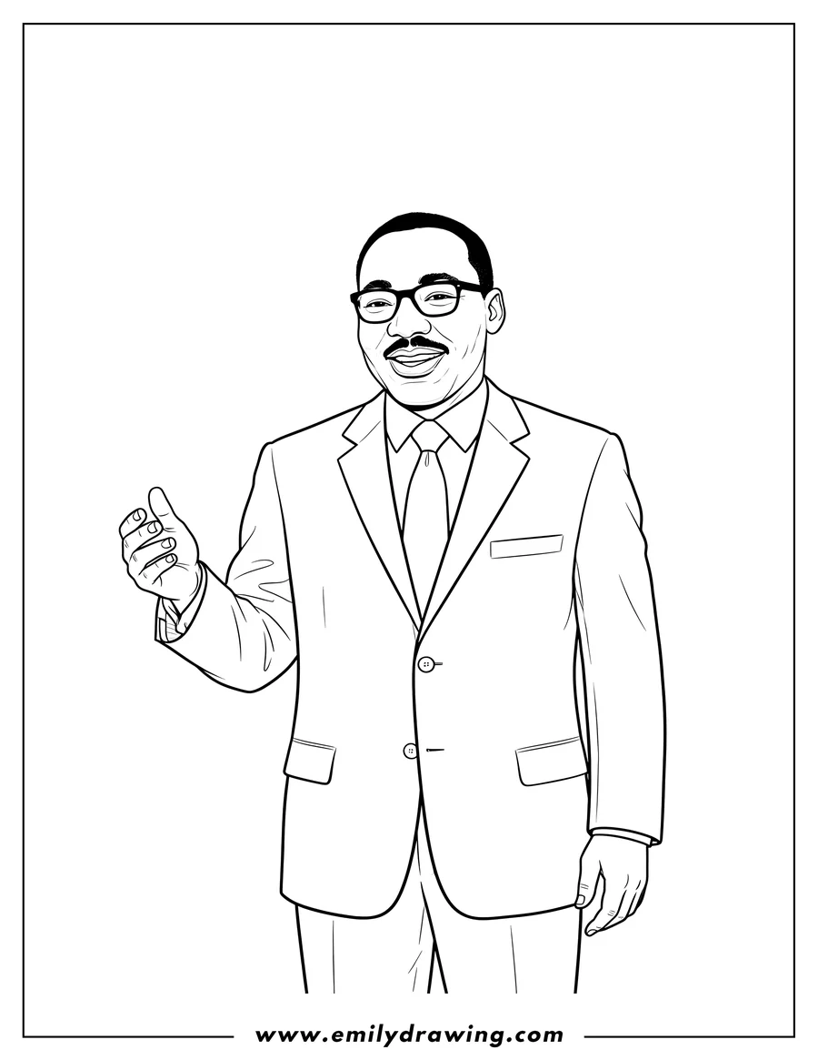 Free printable coloring sheet of martin Luther King Jr. wearing a suit and tie, smiling gently