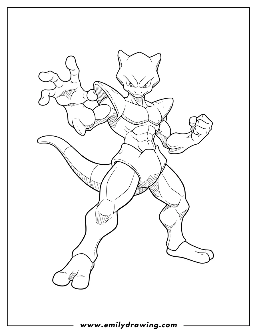 Clean line drawing: mega Mewtwo X standing fiercely with one hand open and the other hand clenched