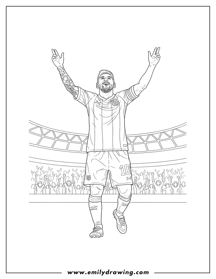Printable coloring page of lionel Messi celebrating a goal with both arms raised high and looking up