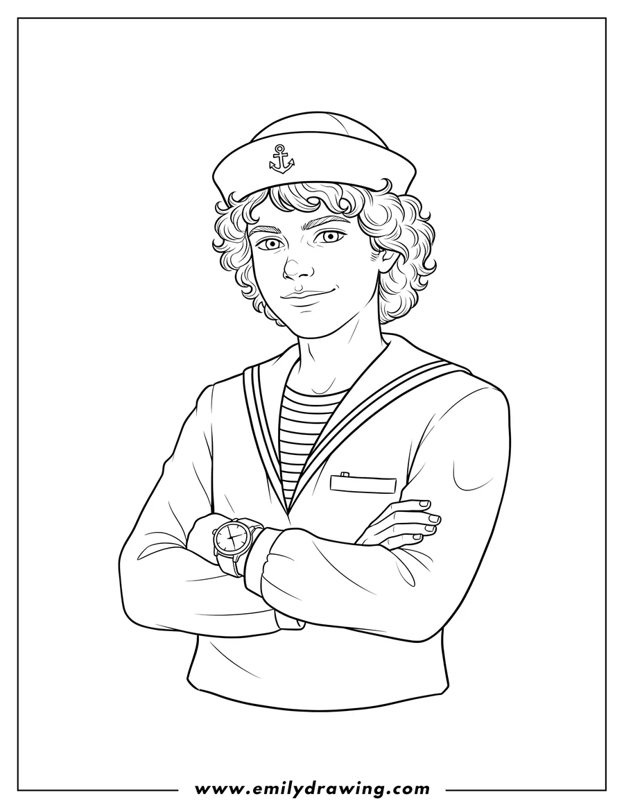 Black and white line art of mike Wheeler Scaled, wearing a sailor uniform, with arms crossed and a watch