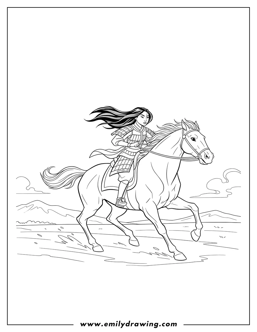 Outline drawing of mulan galloping on Khan with her hair flowing