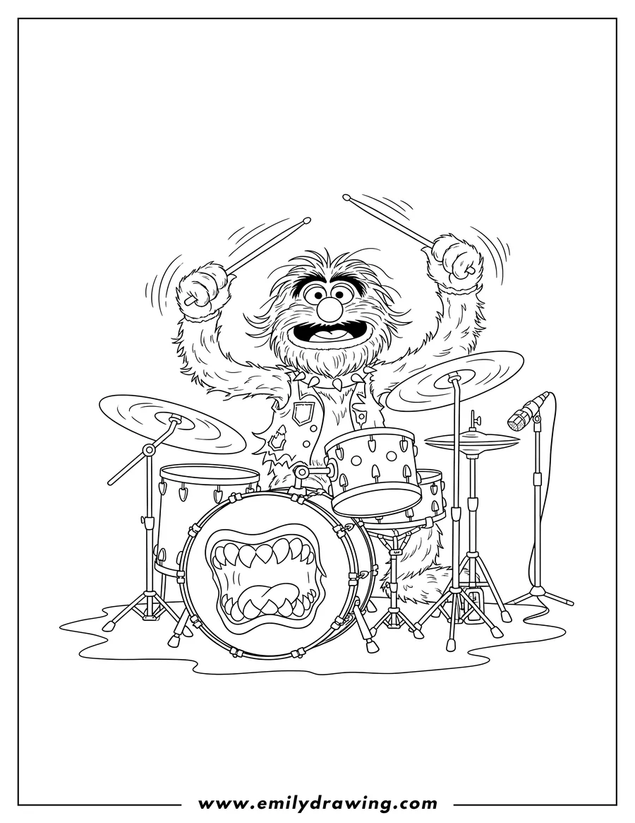 Coloring page of muppet Animal wildly playing a drum set with drumsticks