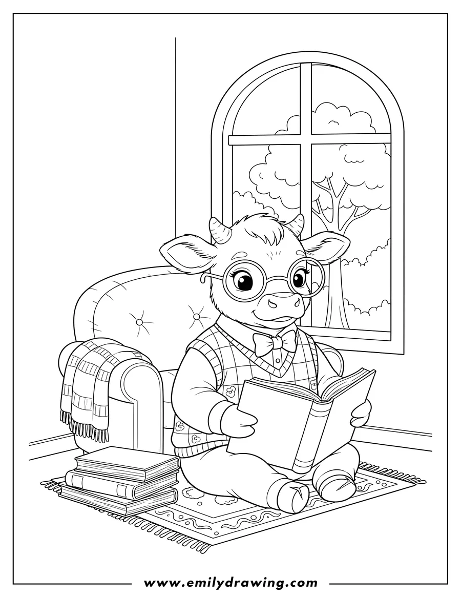 Doodle style coloring picture of nerdy calf sitting and holding an open book in a cozy corner