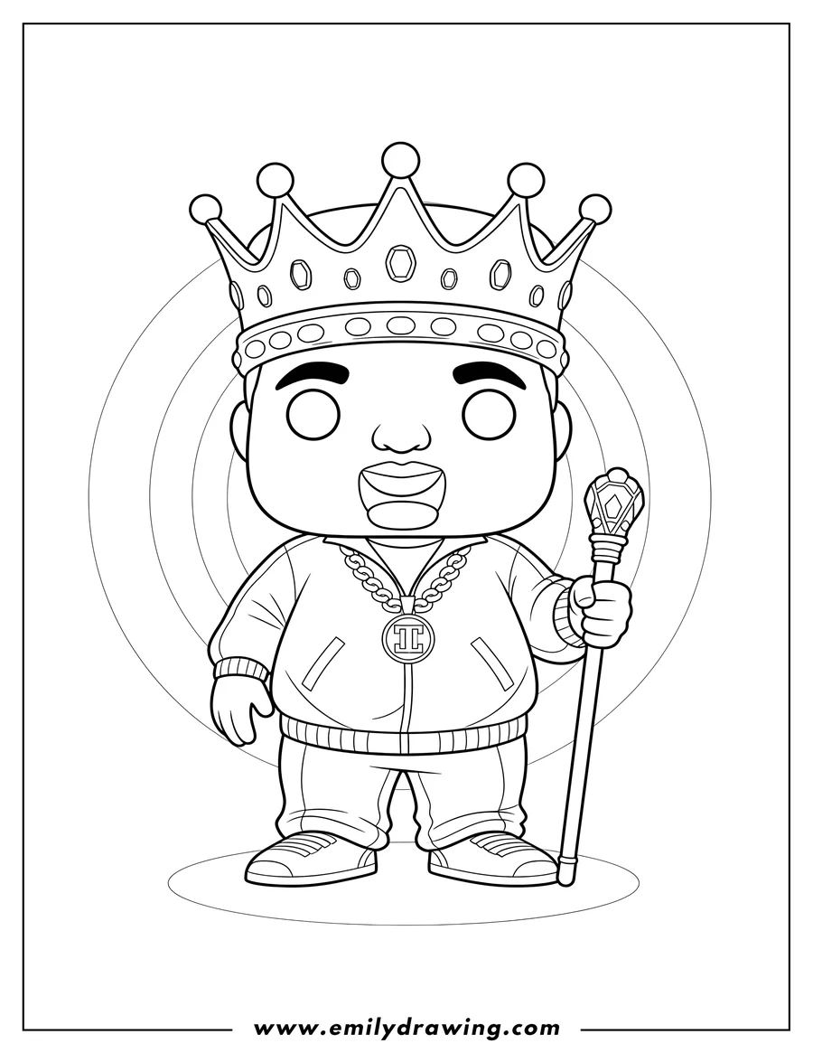 Full page coloring image of notorious B.I.G Funko Pop wearing a crown and holding a cane