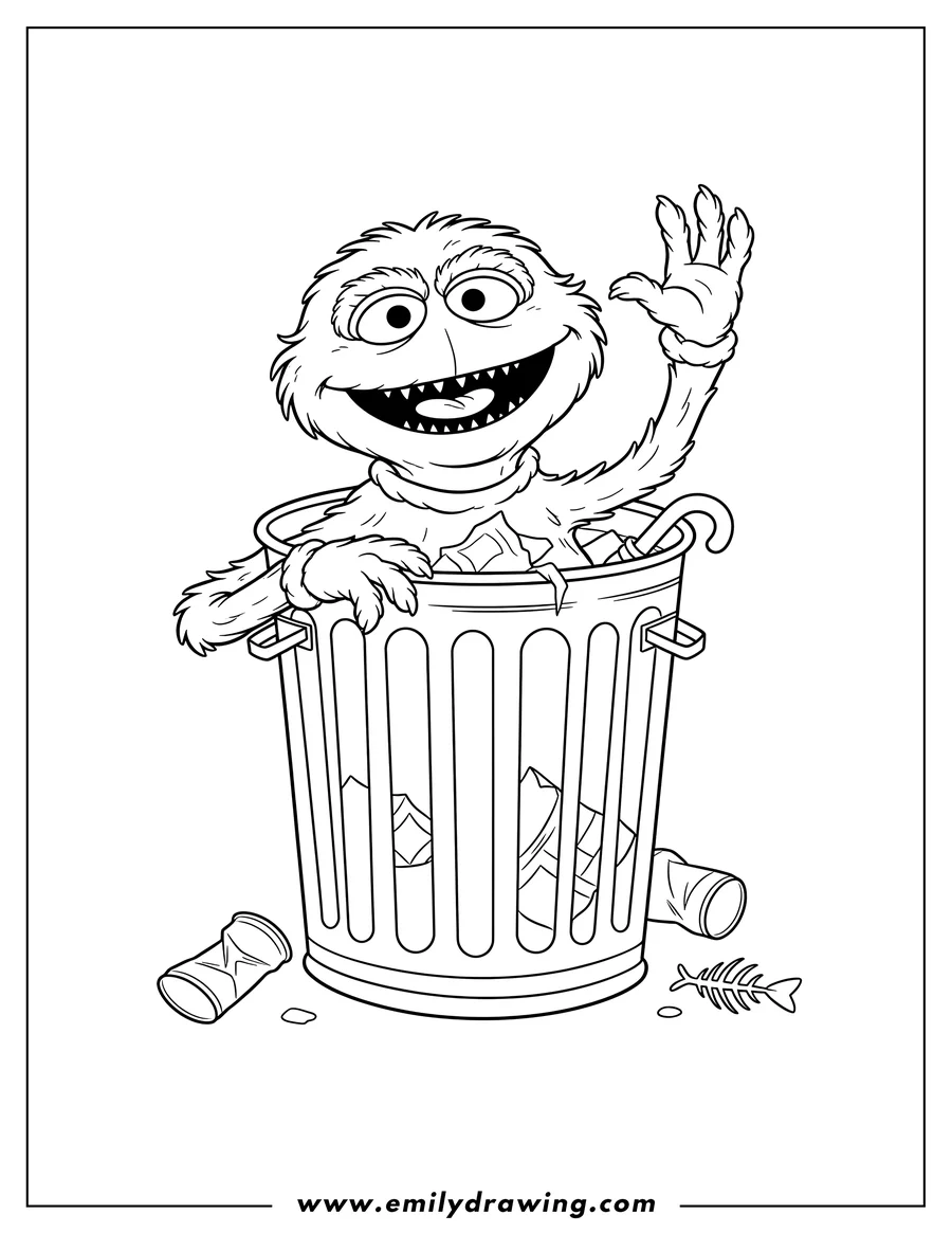 Clean line drawing: oscar Grouch waving from a trash can with a big smile
