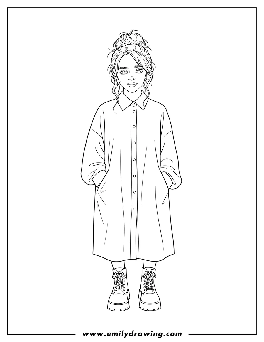 PDF style coloring page: easy Billie Eilish with a bun hairstyle, wearing an oversized button down shirt and boots, standing