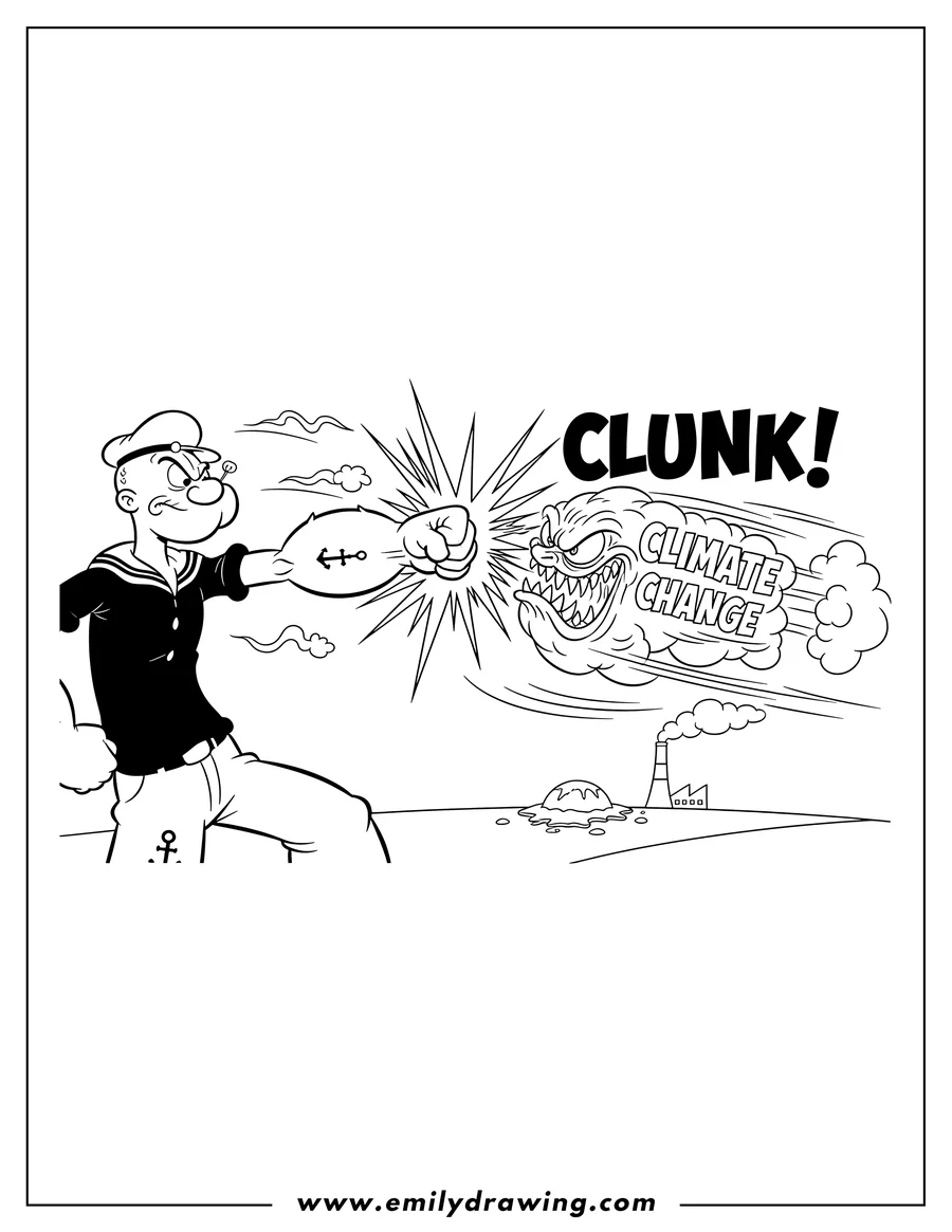 Black and white line art of popeye punching a Climate Change villain, sending it flying, with a 'CLUNK!' sound