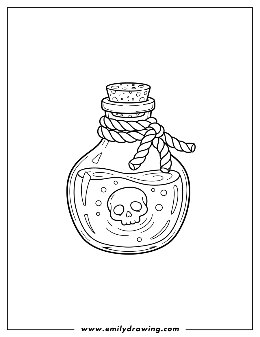 Printable line art of A potion bottle with a cork stopper and rope around its neck, containing a skull floating in liquid