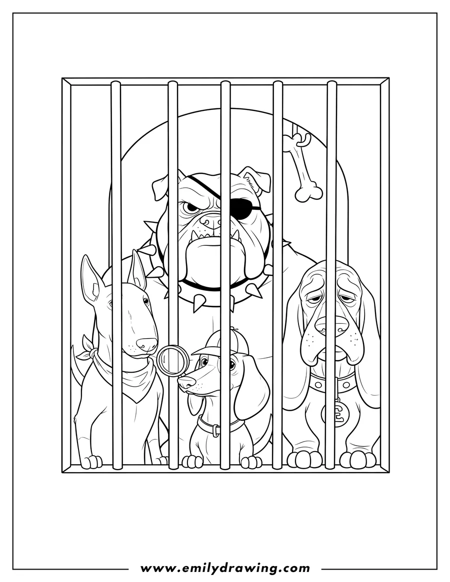 Printable coloring page of toughy Peg Bull Boris Dachsie And Pedro Pound Dogs looking through jail bars
