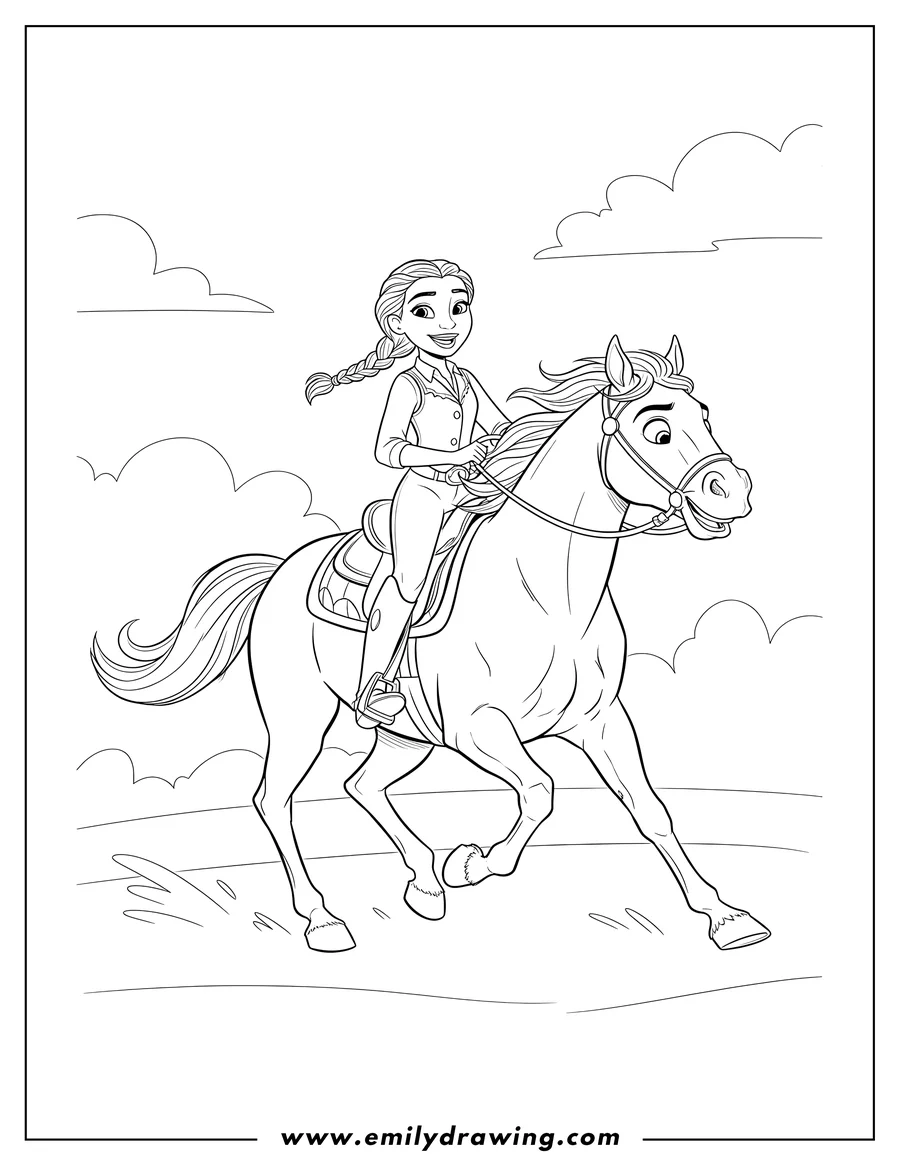 Coloring page of pru riding on galloping Chica Linda with a happy smile