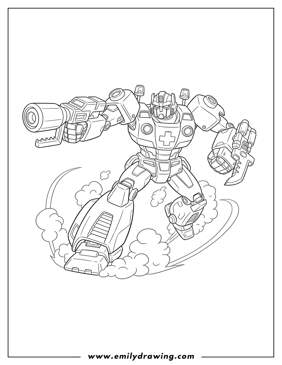 Printable coloring page of ratchet Autobot Form Movie, in an action pose