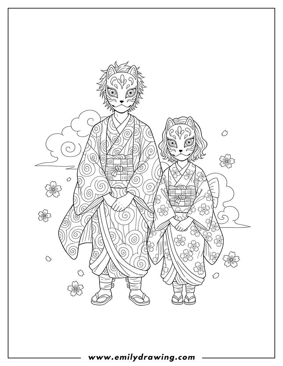 Coloring page for kids: sabito and Makomo standing, wearing kimonos and fox masks