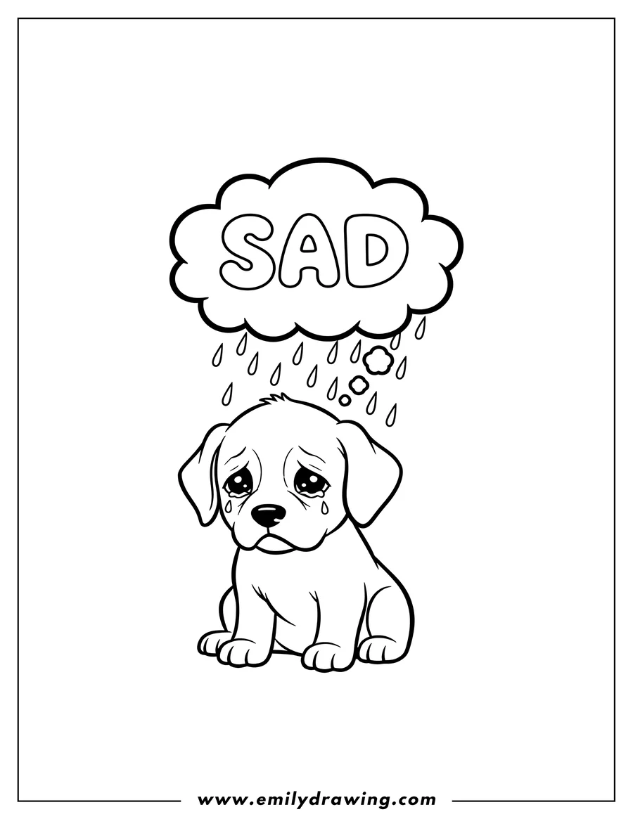 Clean line drawing: sad puppy with a 'SAD' thought bubble raining