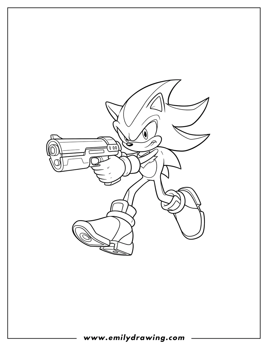 Clean line drawing: shadow Hedgehog in an action pose, holding a blaster